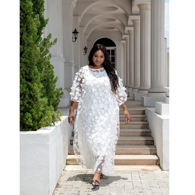 HD African Women Applique Flower Dress Boat Neck White Caftan Chiffon Gown One Size - Image 5